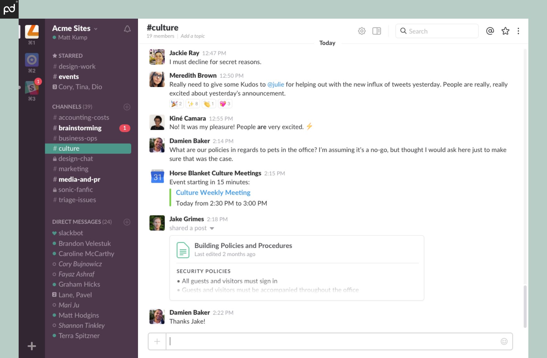 A screenshot of the Slack interface where users can send direct messages, create channels, plan video calls, and more.