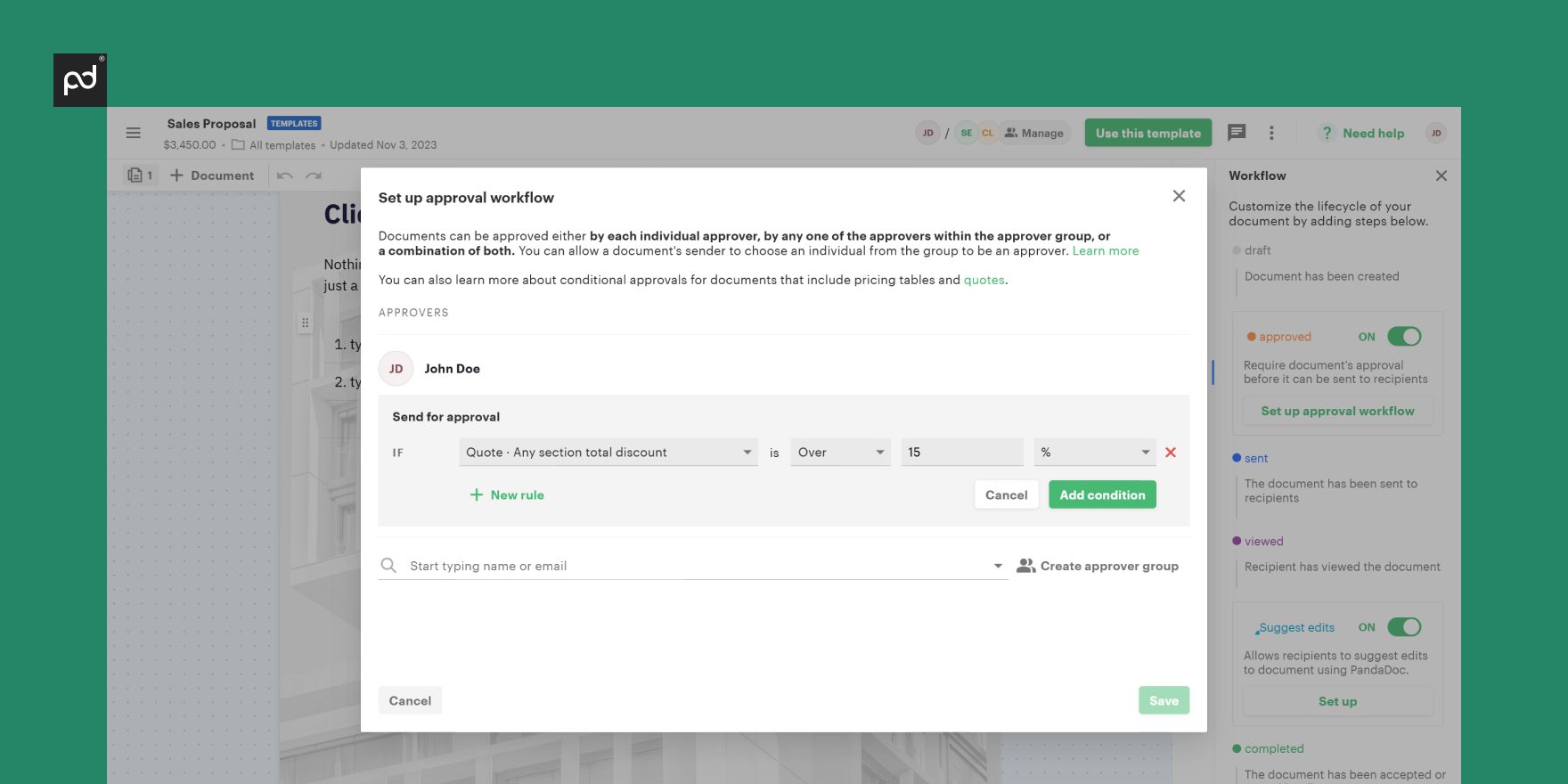 Screenshot showing the conditional approval workflow in PandaDoc