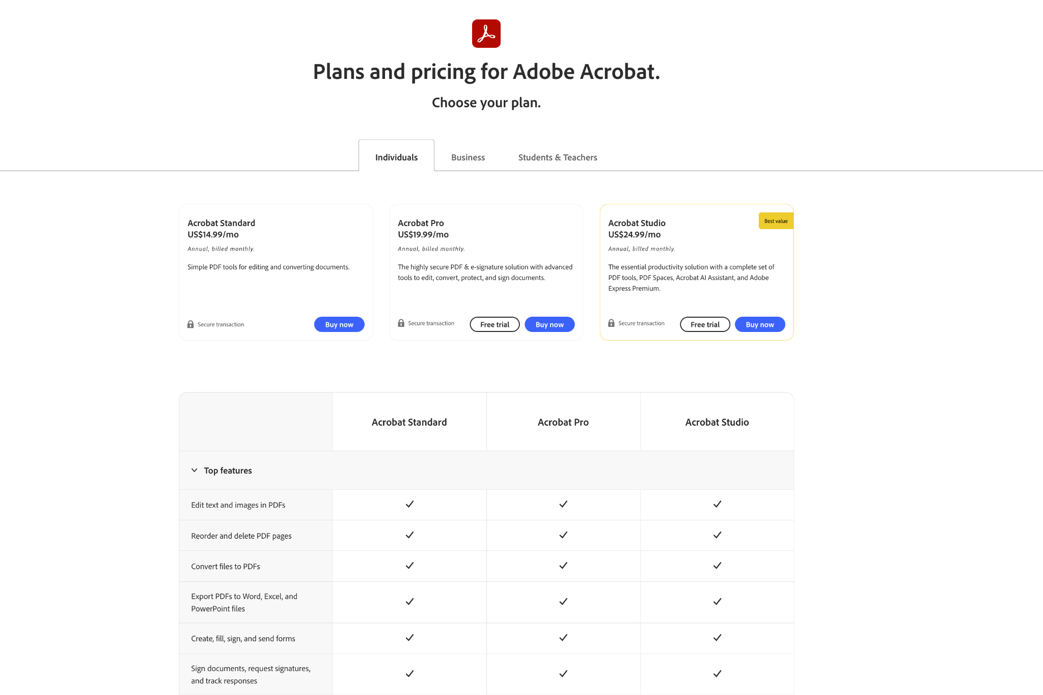 A screenshot of the team-based pricing plans for Acrobat Sign, including Standard, Pro and Studio plans.
