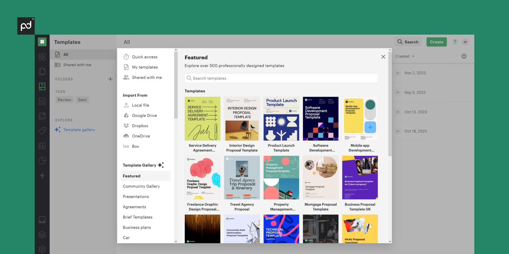 Screenshot of the template library