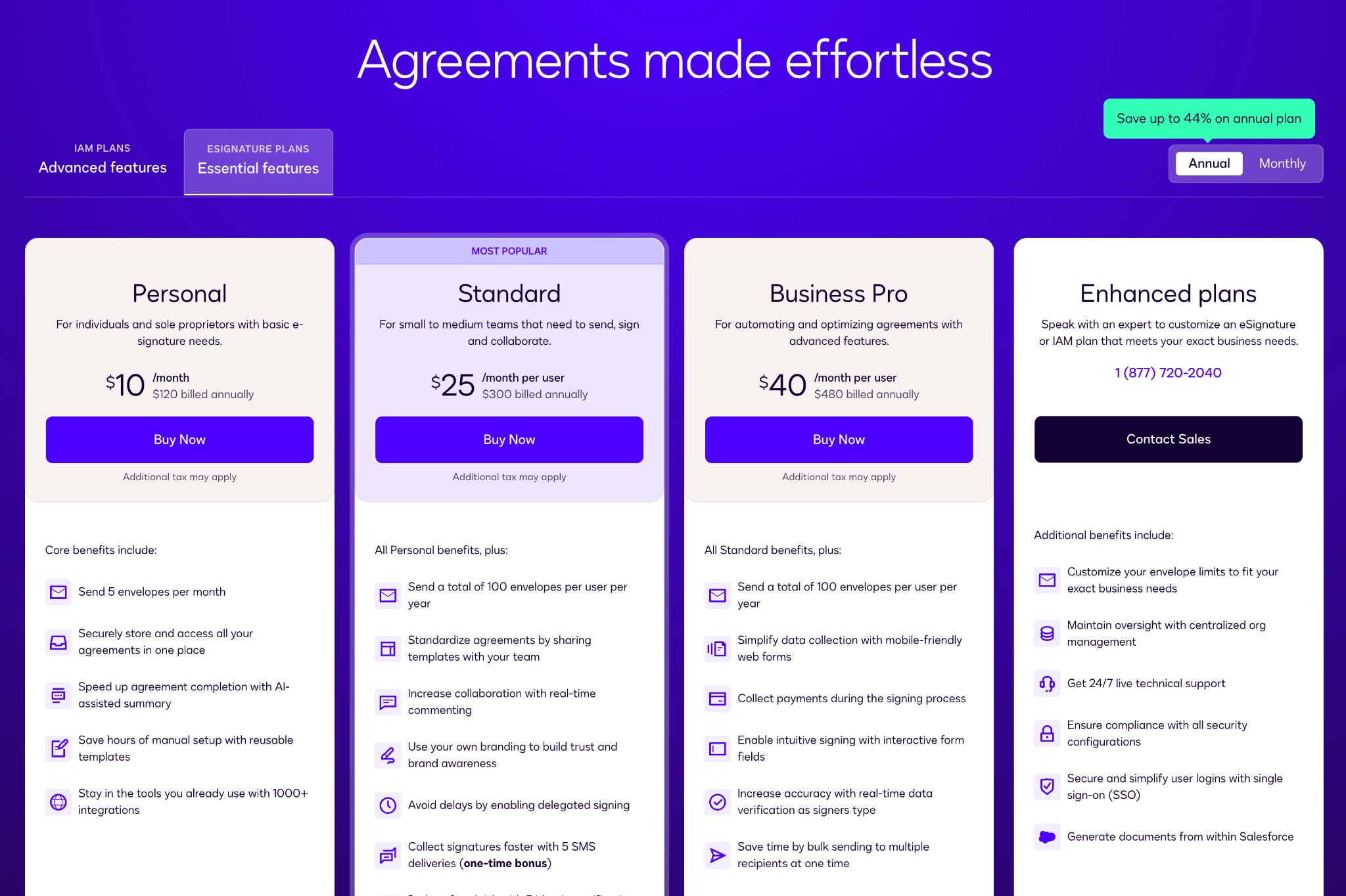 An image depicting all Docusign pricing plans, their costs, and key plan features at each tier.