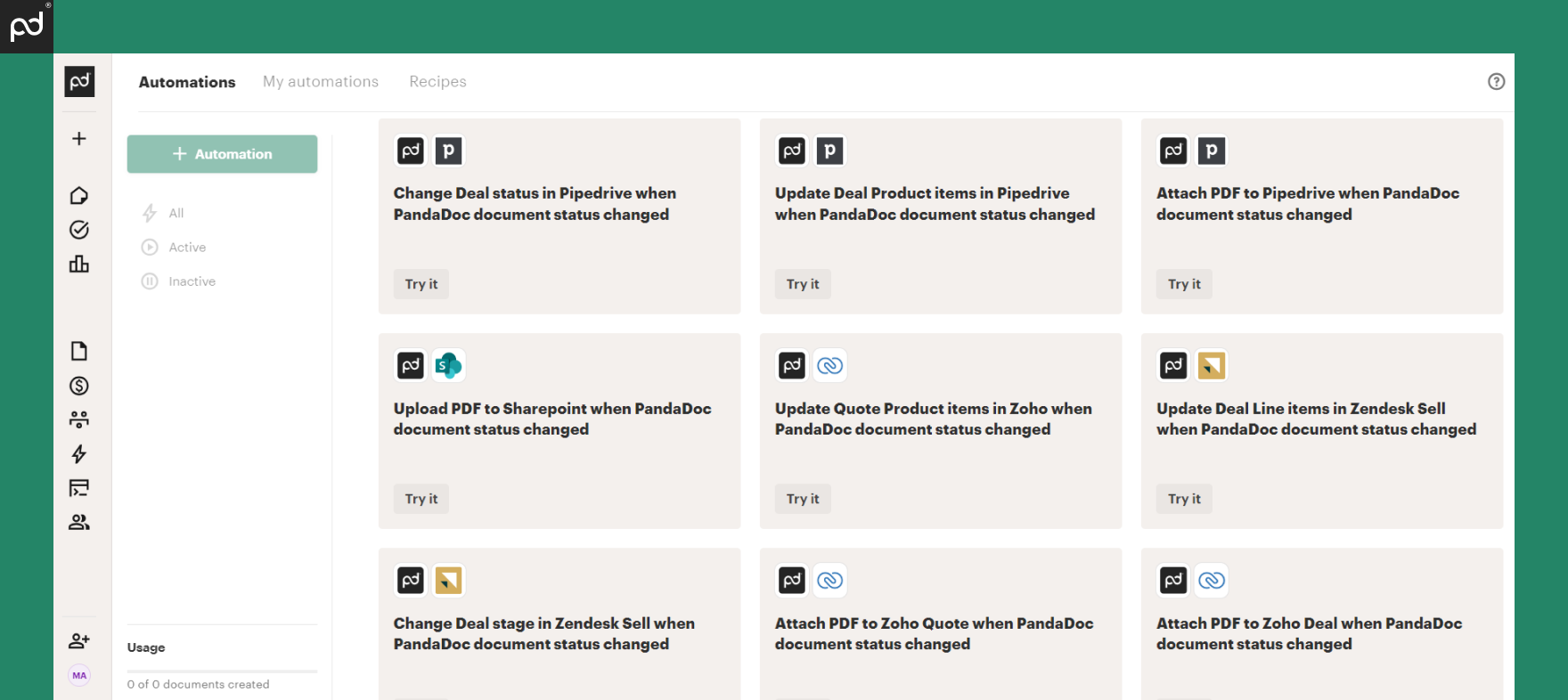 A screenshot of the PandaDoc app’s Automations page, showing tasks that can be automated via integration with other tools