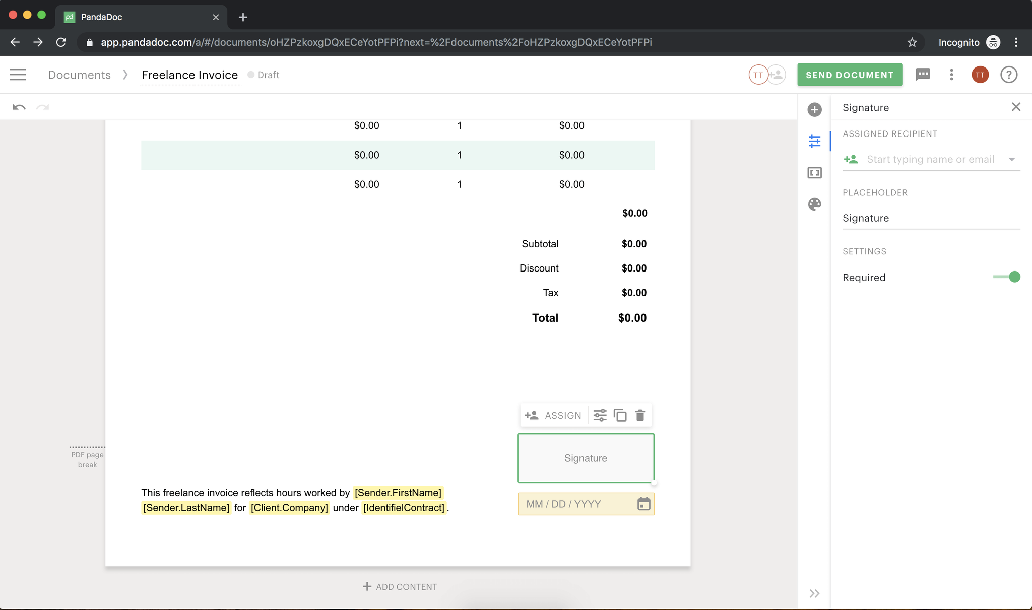 Screenshot of filling  signature fields