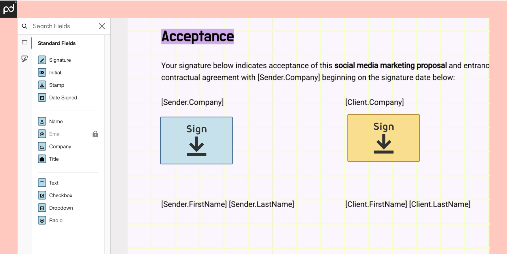 An image depicting a digital document prepared for e-signing. A blue signature box is on the left, while a yellow signature box (indicating a different signer) is on the right.
