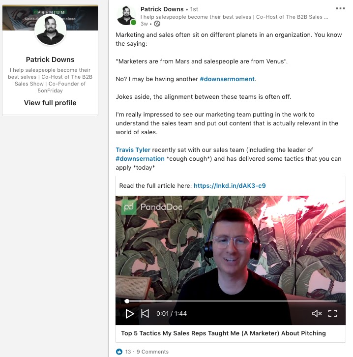 PandaDoc sales teammate shares marketing teams LinkedIn content
