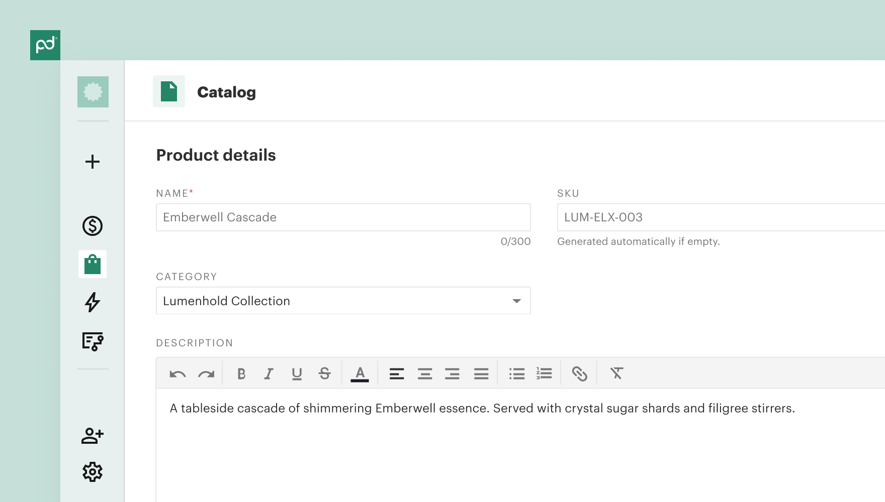 PandaDoc Catalog product form. Name is "Emberwell Cascade," SKU is "LUM-ELX-003," category is "Lumenhold Collection."