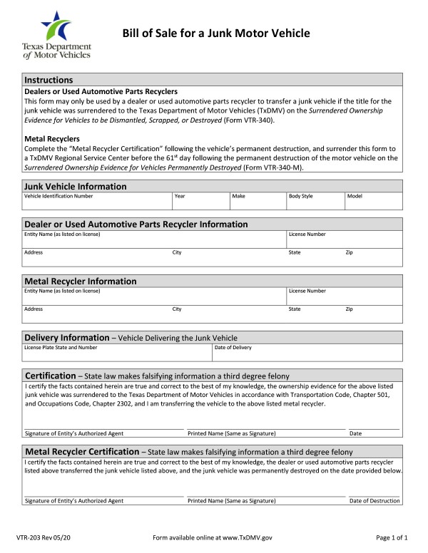 bill-of-sale-templates/texas-tx Bill of sale for a junk motor vehicle