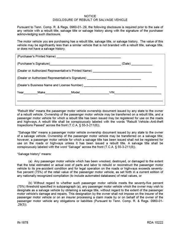 bill-of-sale-templates/tennessee-tn Disclosure of rebuilt/salvage vehicle
