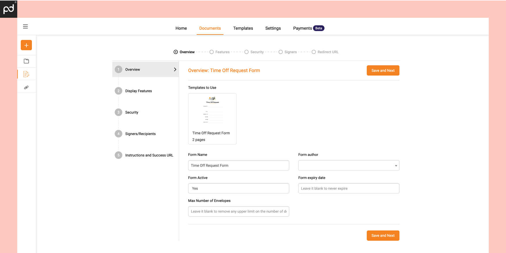 An image of Foxit eSign’s online form setup flow, which features setup fields regarding expiry, max envelope counts, and more.