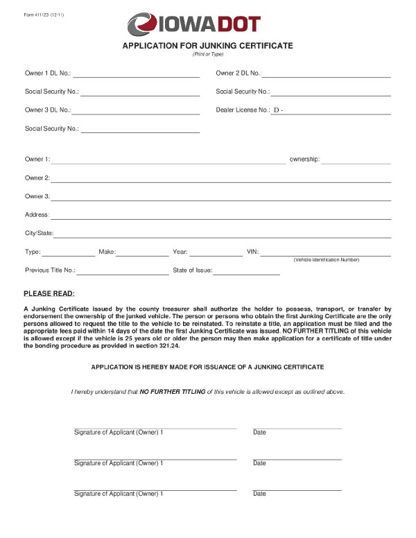 bill-of-sale-templates/iowa-ia Application for junking certificate