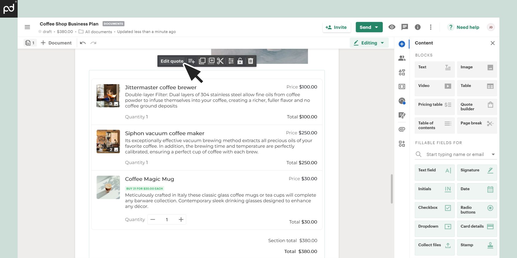 Screenshot of PandaDoc editor highlighting the “Edit quote” option for a coffee shop business plan with a list of products and their prices.