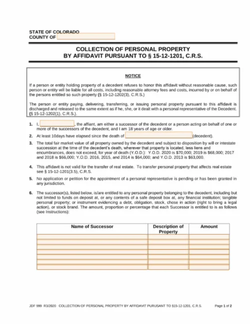 Small Estate Affidavit Colorado Form