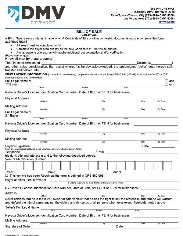 bill-of-sale-templates/nevada-nv Blank bill of sale (Form VP 104)