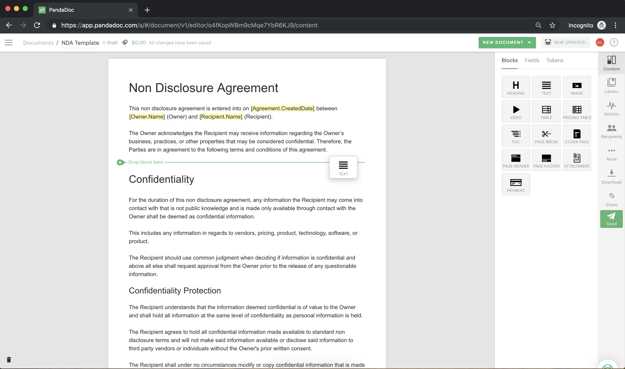 Screenshot of using PandaDoc block tools