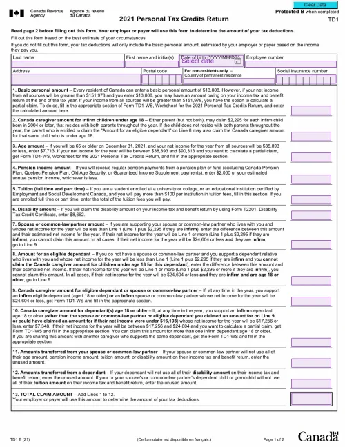 TD1 2021 Form (Personal Tax Credits Return)