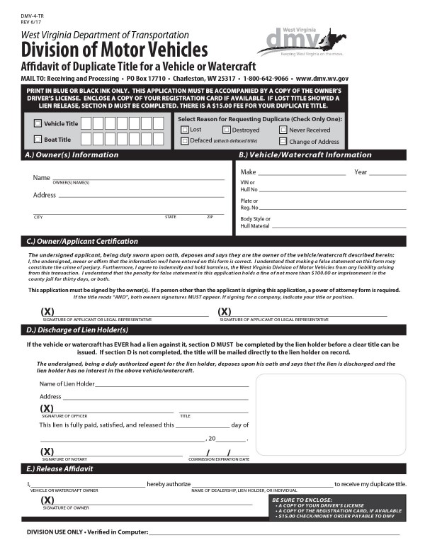 bill-of-sale-templates/west-virginia-wv Affidavit of duplicate title for a vehicle/watercraft (Form DMV-4-TR)