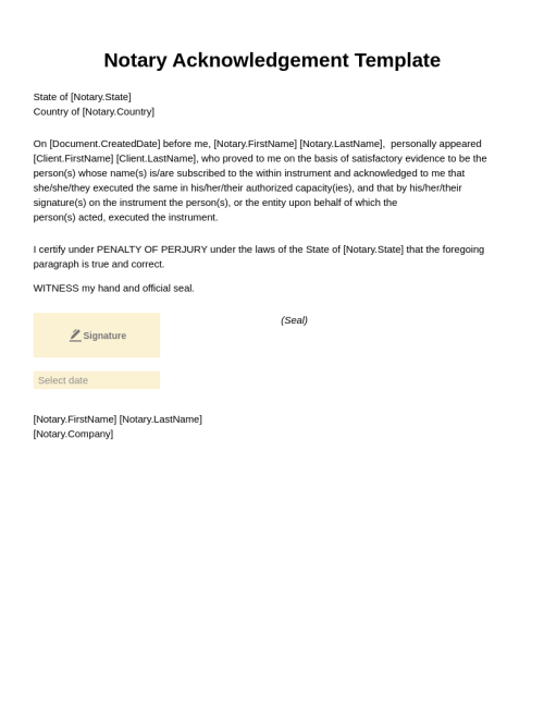 Notary Acknowledgment Template