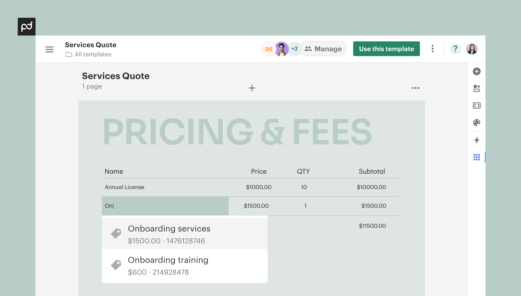 PandaDoc’s pricing module makes quoting easy