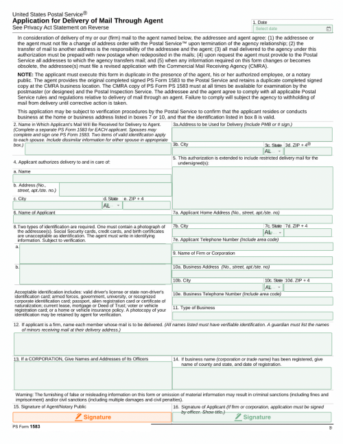 US Postal Service (USPS) 1583 Form