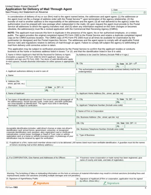 US Postal Service (USPS) 1583 Form