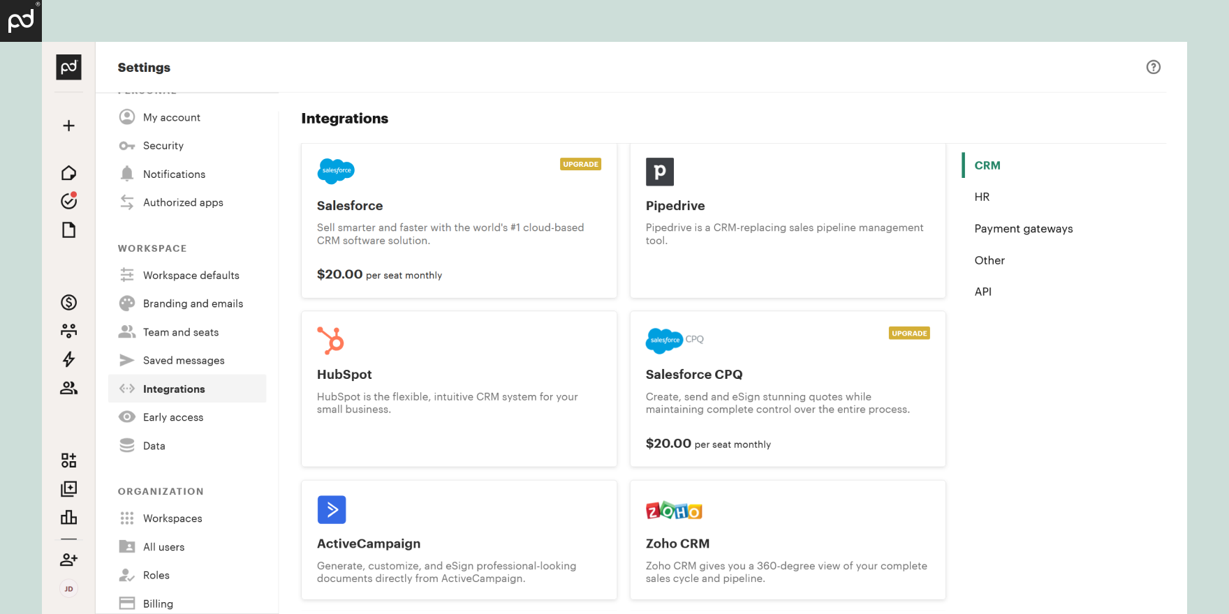 PandaDoc interface showing its CRM integration options including Salesforce, Pipedrive and HubSpot.