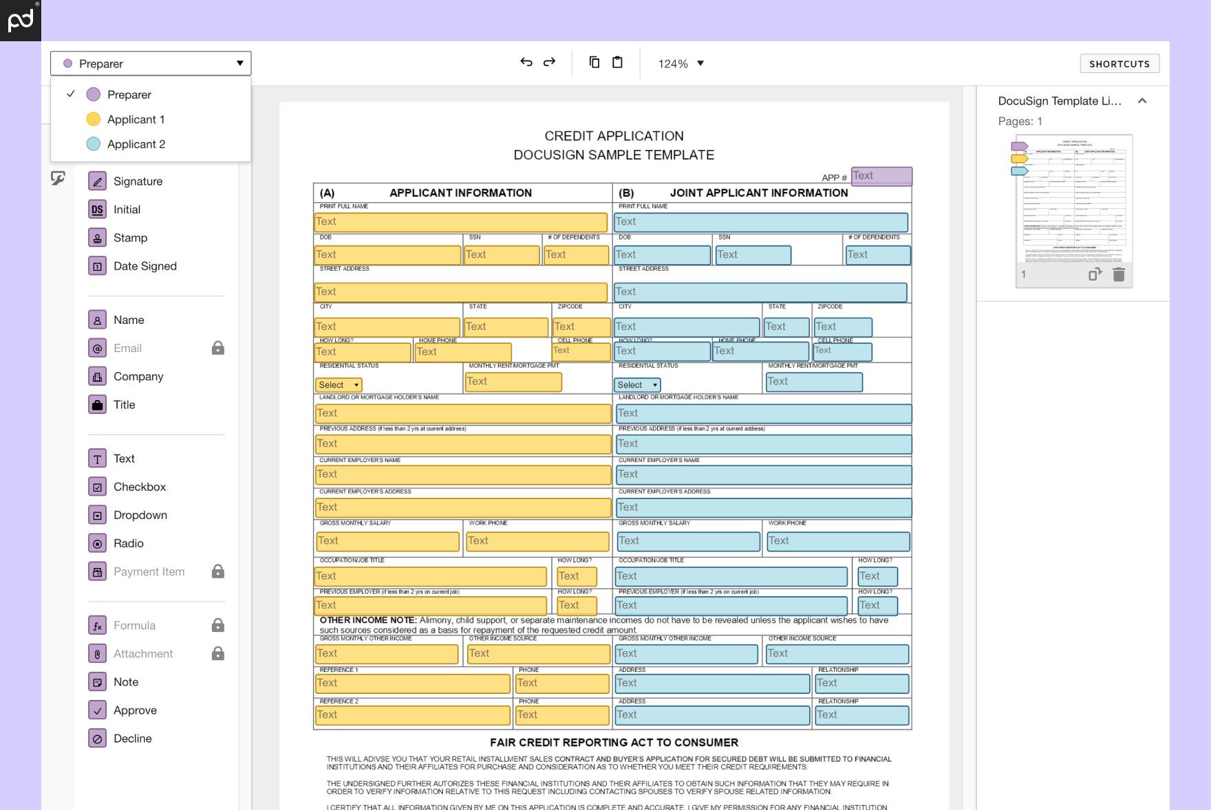 An image of a form prepared in DocuSign with half of the text fields highlighted in yellow and the other half highlighted in blue.