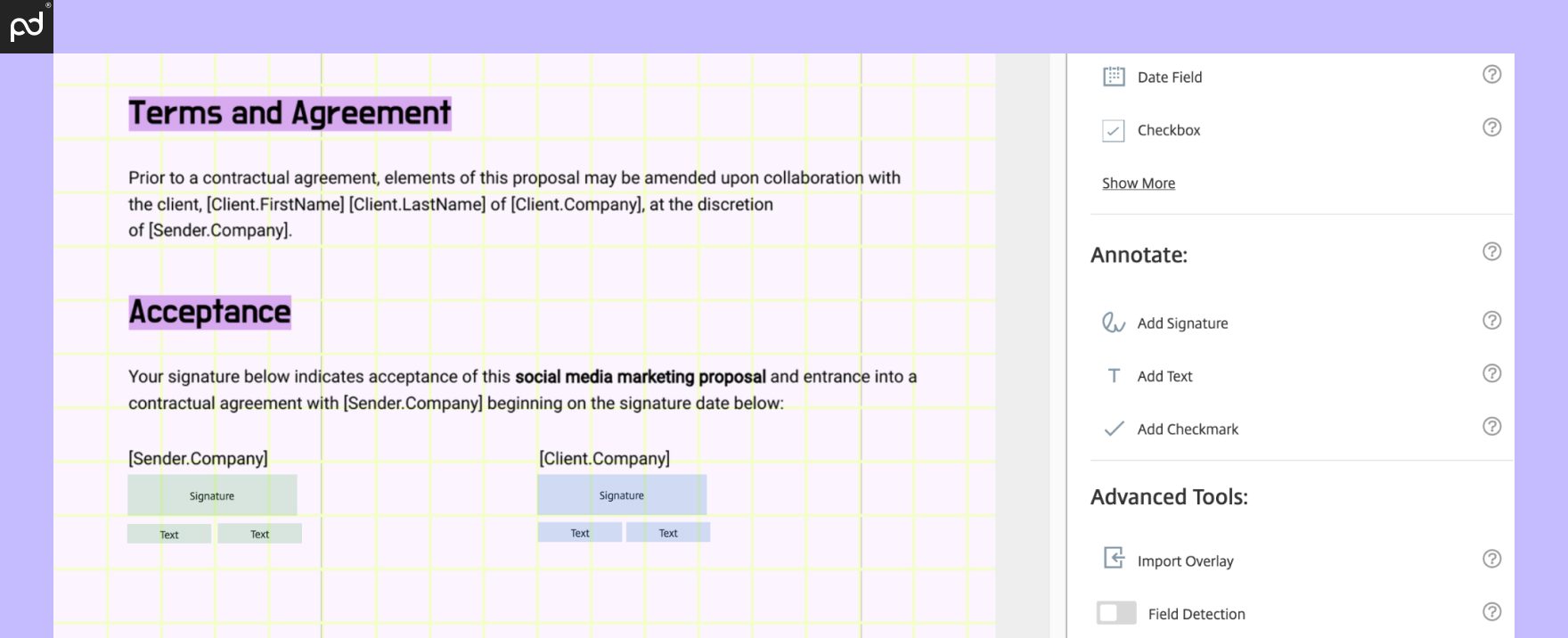 A screenshot showing the ShareFile Premium e-signing platform. Two e-signing boxes are placed on the screen, with additional text fields for first and last names.