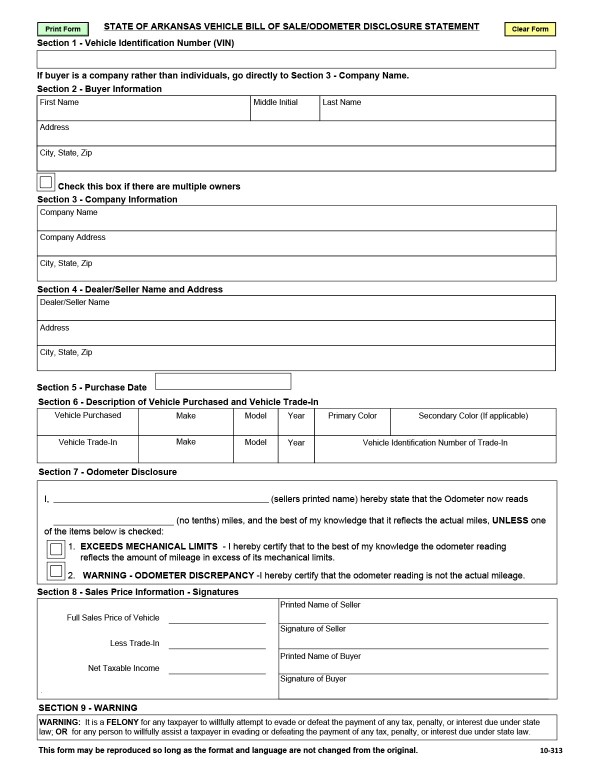 bill-of-sale-templates/arkansas-ar Odometer disclosure statement form (Form 10-313)