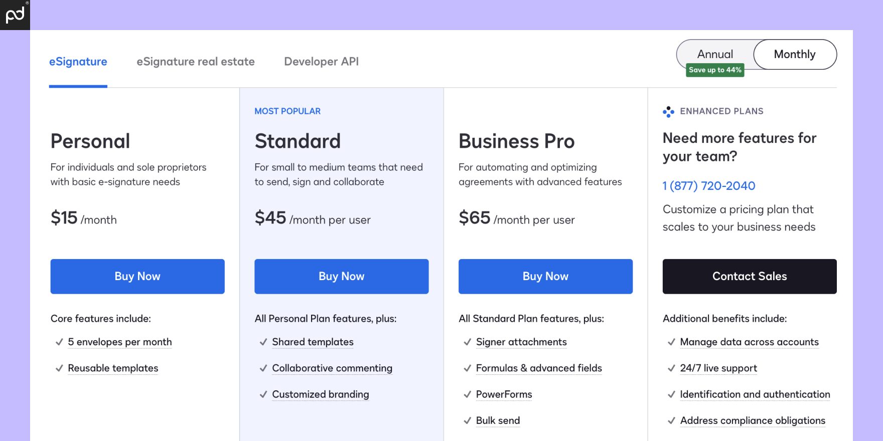 An image depicting all DocuSign pricing plans, their costs, and key plan features at each tier.