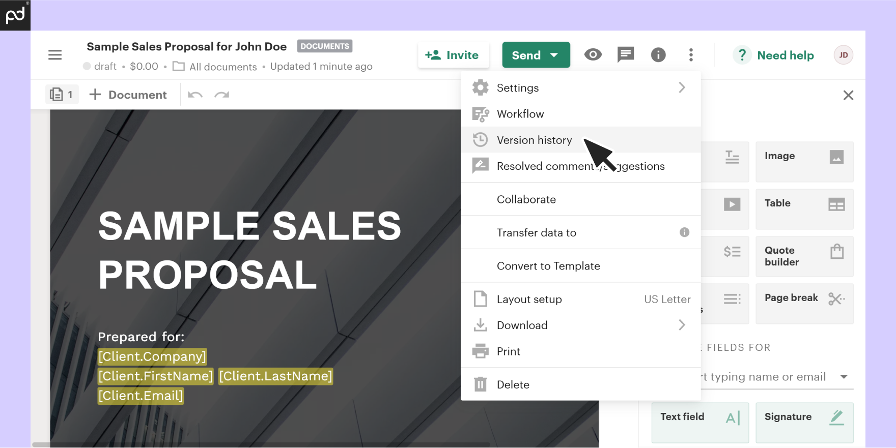 Screenshot of PandaDoc displaying the version history for a sales proposal document.