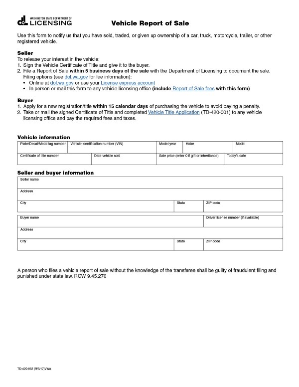 bill-of-sale-templates/washington-wa Vehicle report of sale (Form TD-420-062)