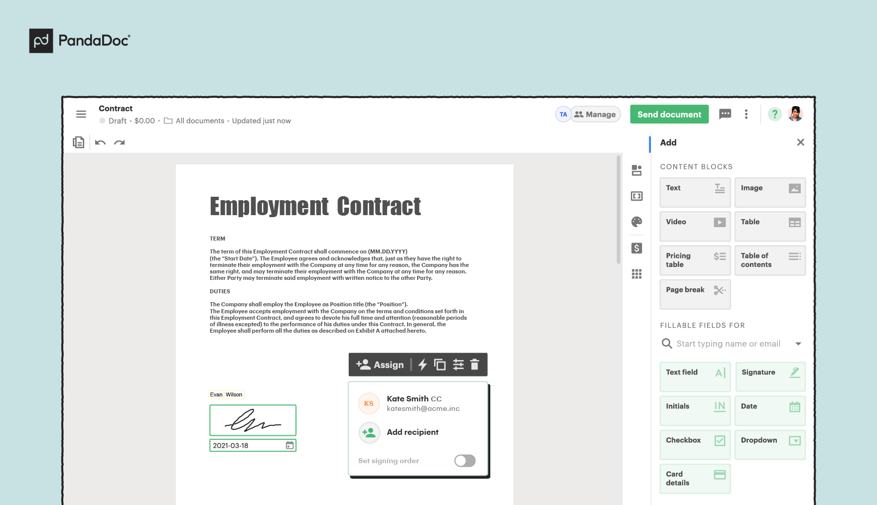 Screenshot of assigning with PandaDoc