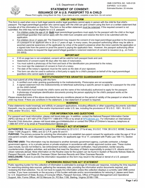 DS-3053 Form (Passport Parent Consent Form)