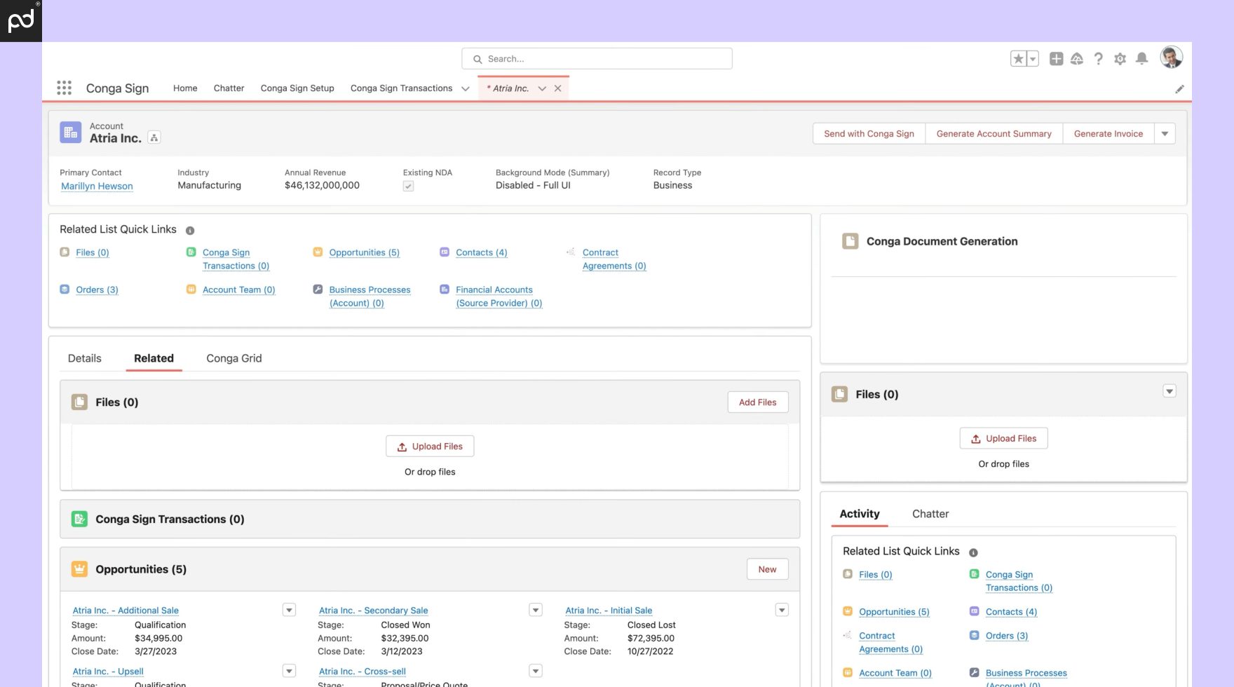 An image of the Conga Sign user interface for demo company Atria Inc.