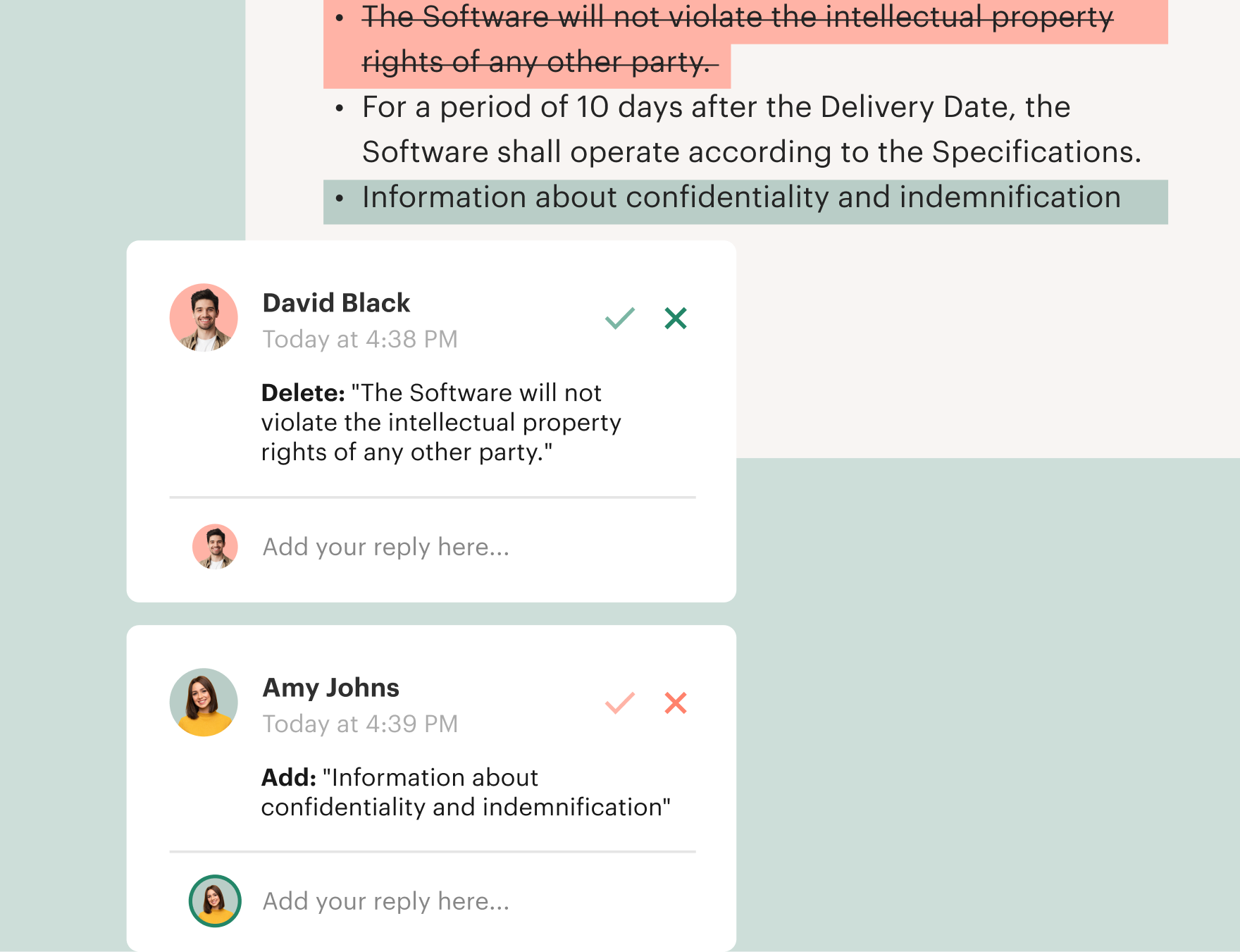 Screenshot of how track changes and collaboration look in PandaDoc dashboard