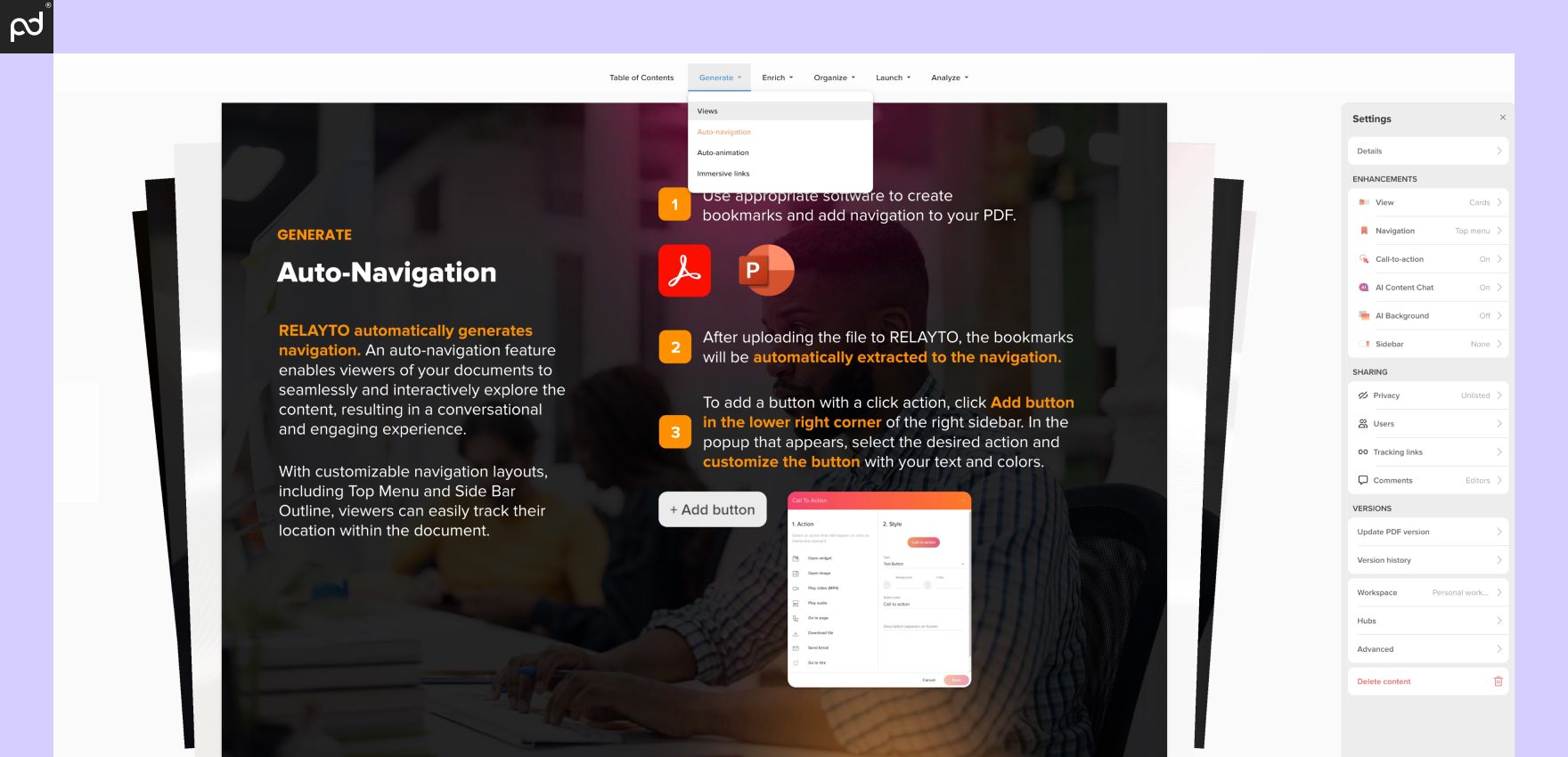 An image displaying RelayTo’s editing environment, including the ability to change the format and layout of uploaded PDFs, add interactive buttons, and more.