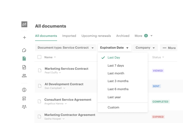 Document UI with expiration dates.