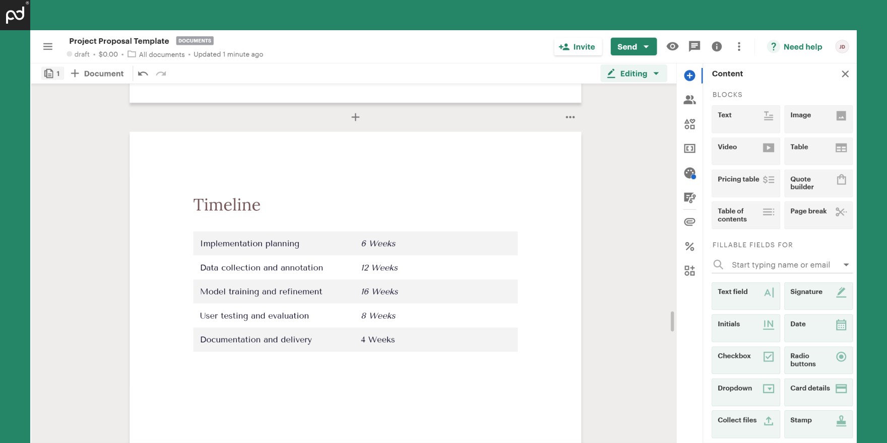 Screenshot of a ‘Timeline’ page from a project proposal template showing project milestones and deadlines.