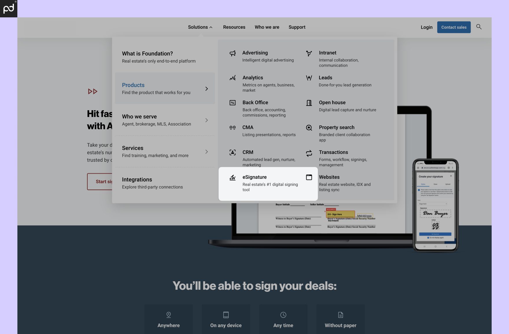 A screenshot of the Lone Wolf Technologies product suite.  The e-signature solution, Authentisign, is highlighted from a dropdown menu.