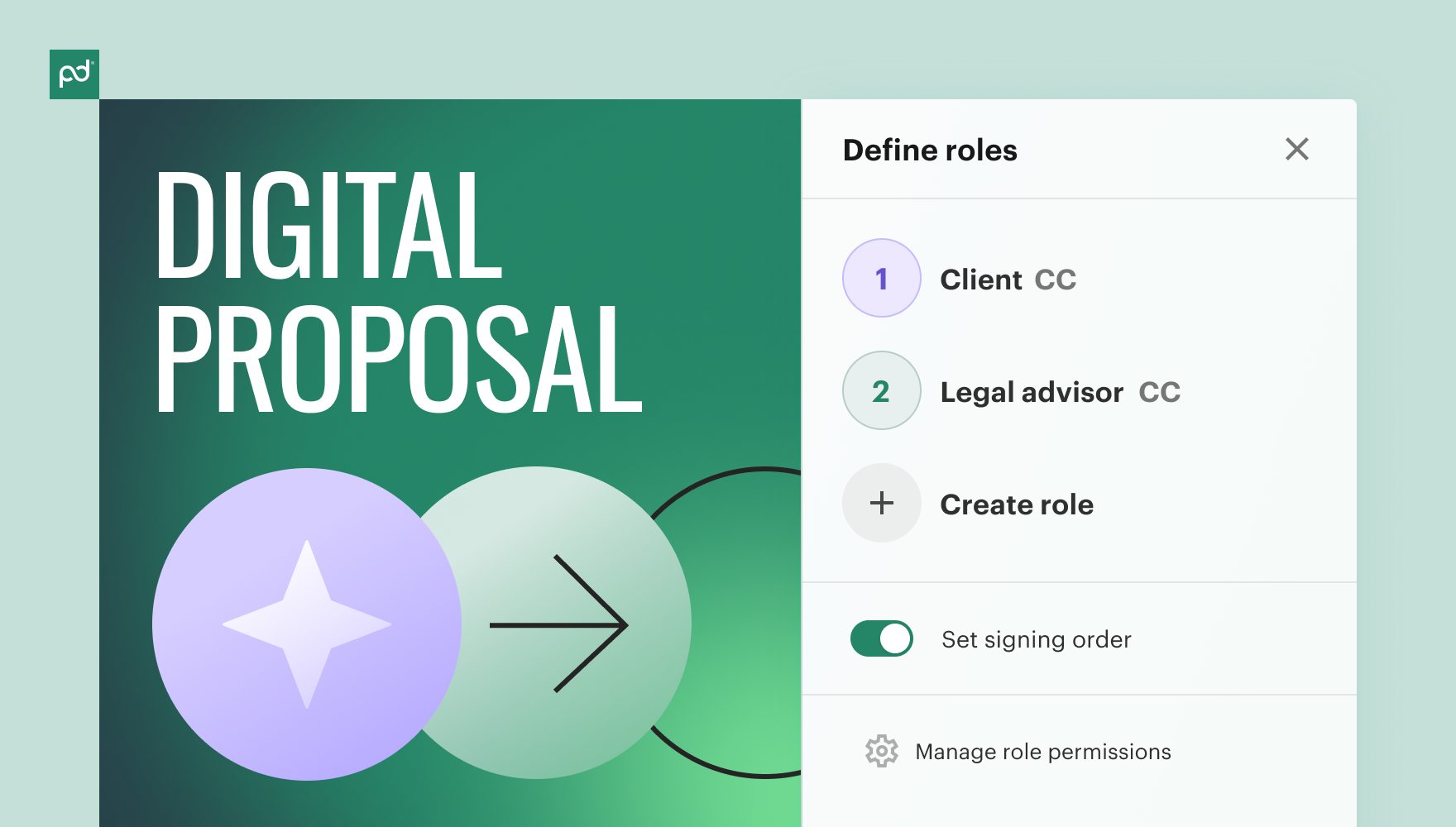 PandaDoc Define roles panel. Role 1 is Client, Role 2 is Legal advisor. Set signing order toggle is on.