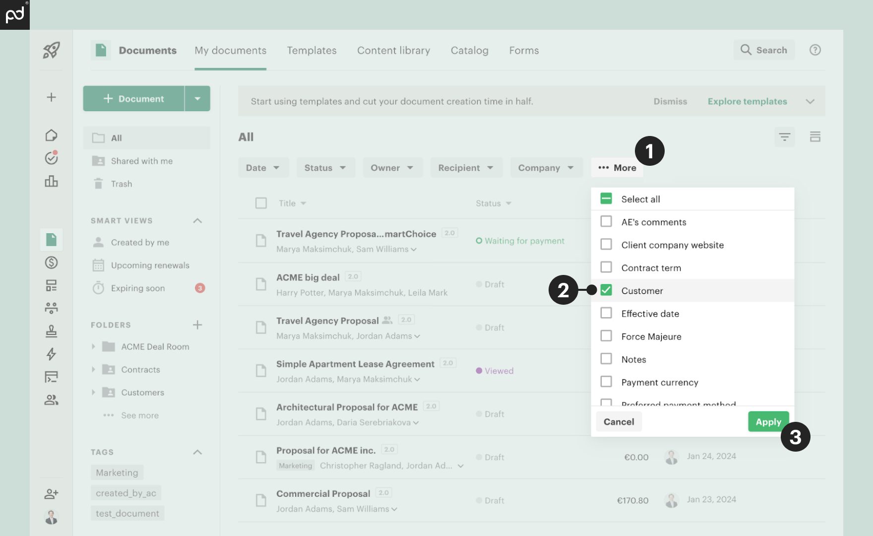 Screenshot of how a contract repository looks like in PandaDoc
