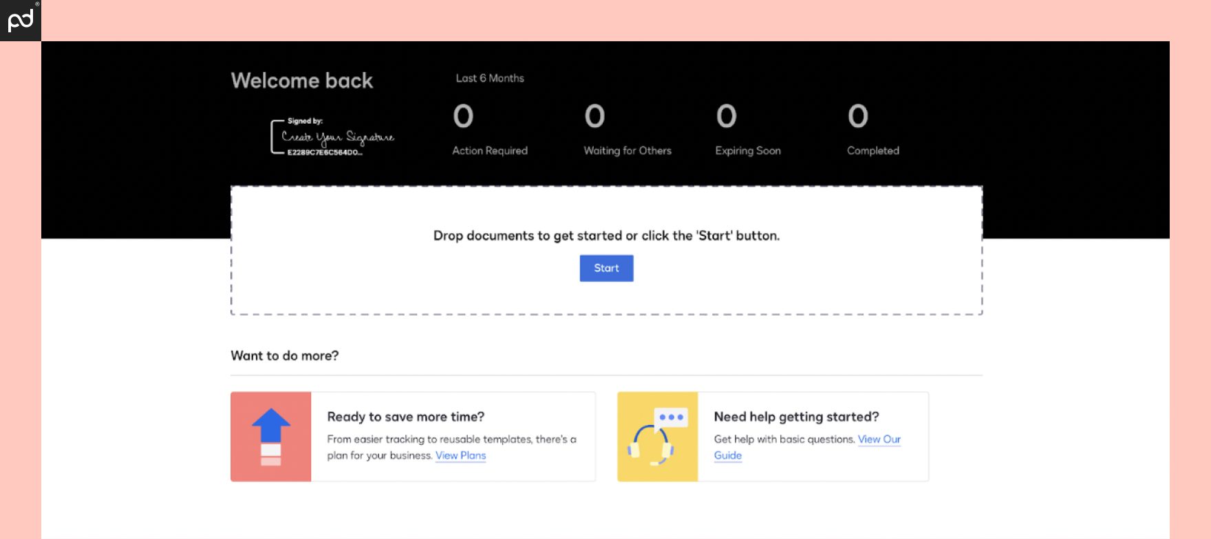 A screenshot of the DocuSign user homepage featuring a get-started area and a user dashboard.
