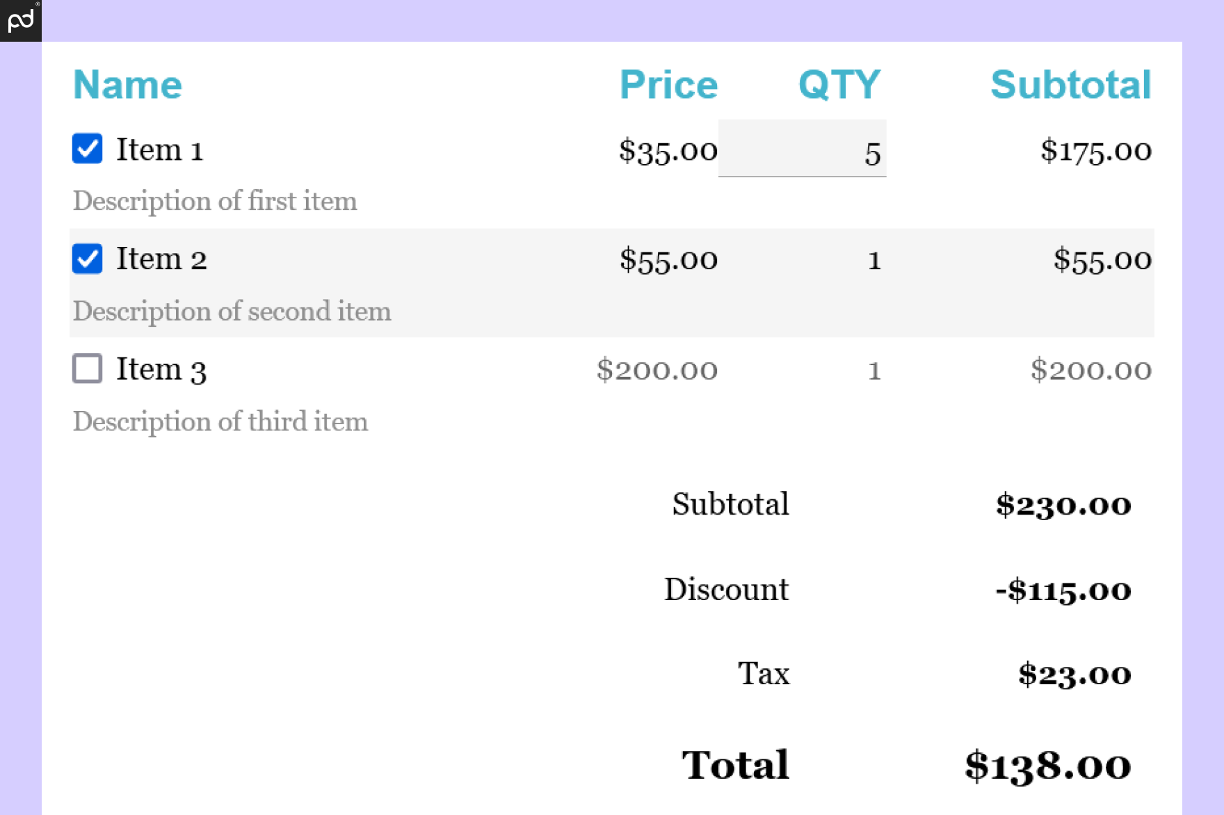 Cost Breakdown Within PandaDoc Quote Template