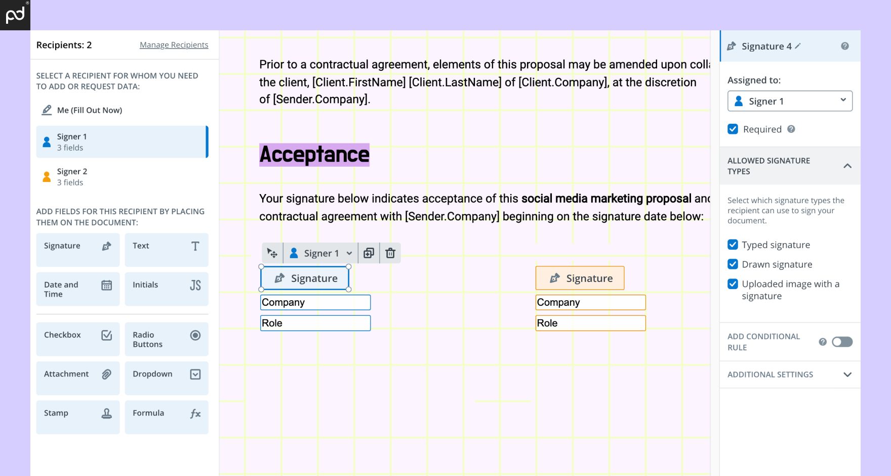 A screenshot of the SignNow e-signing interface. A PDF document is displayed in the center while signing fields are positioned on the left sidebar. Additional field customizations are available through the right sidebar.