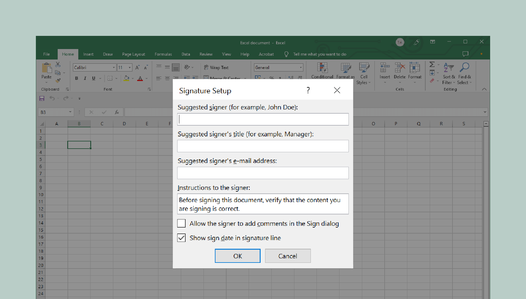 Screenshot Signature Setup dialogue box