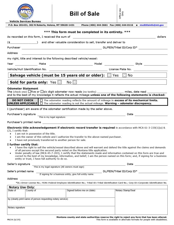 bill-of-sale-templates/montana-mt Vehicle bill of sale