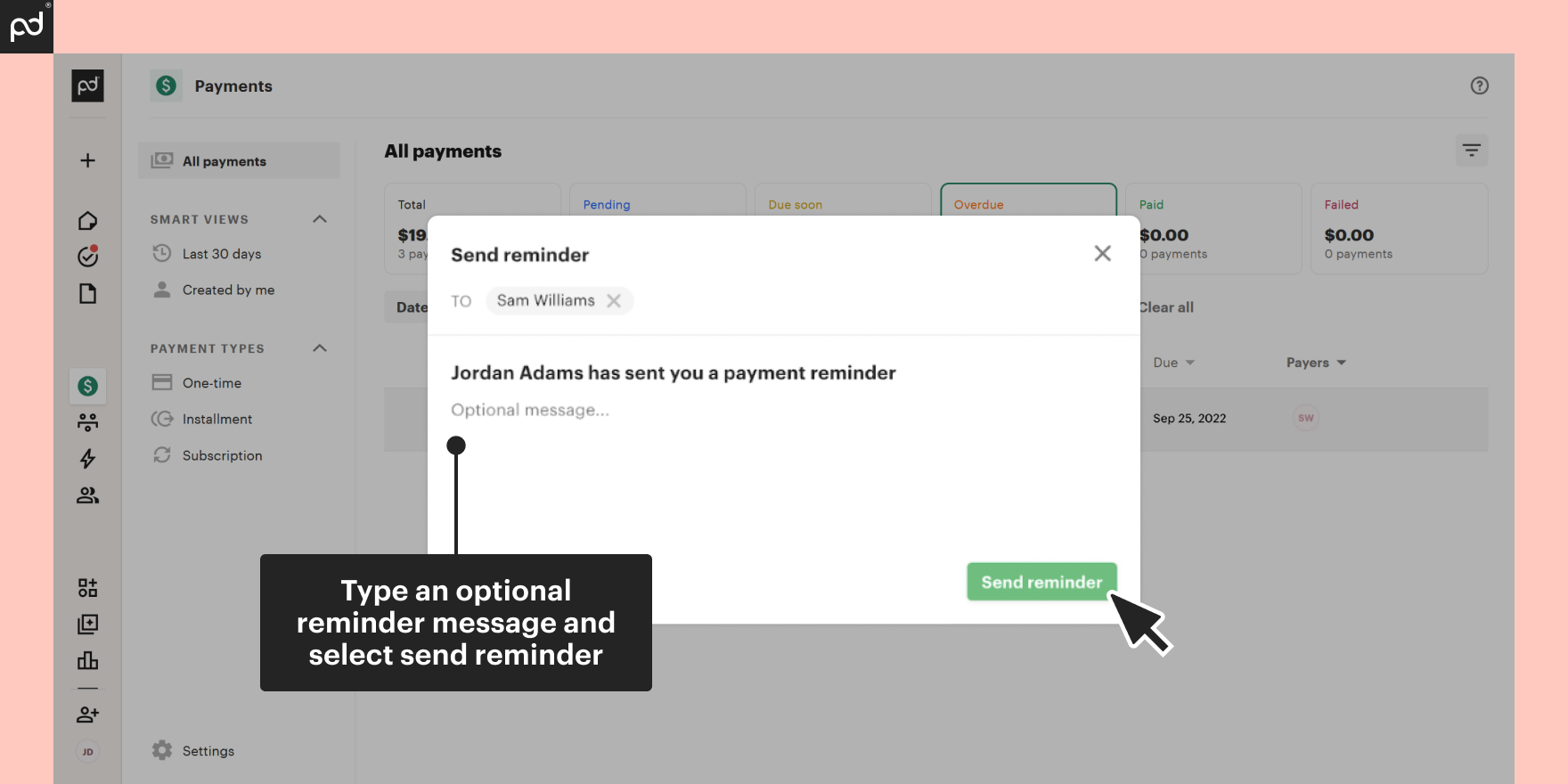 A screenshot of a PandaDoc payment reminder feature showcasing how to add an optimal reminder message.
