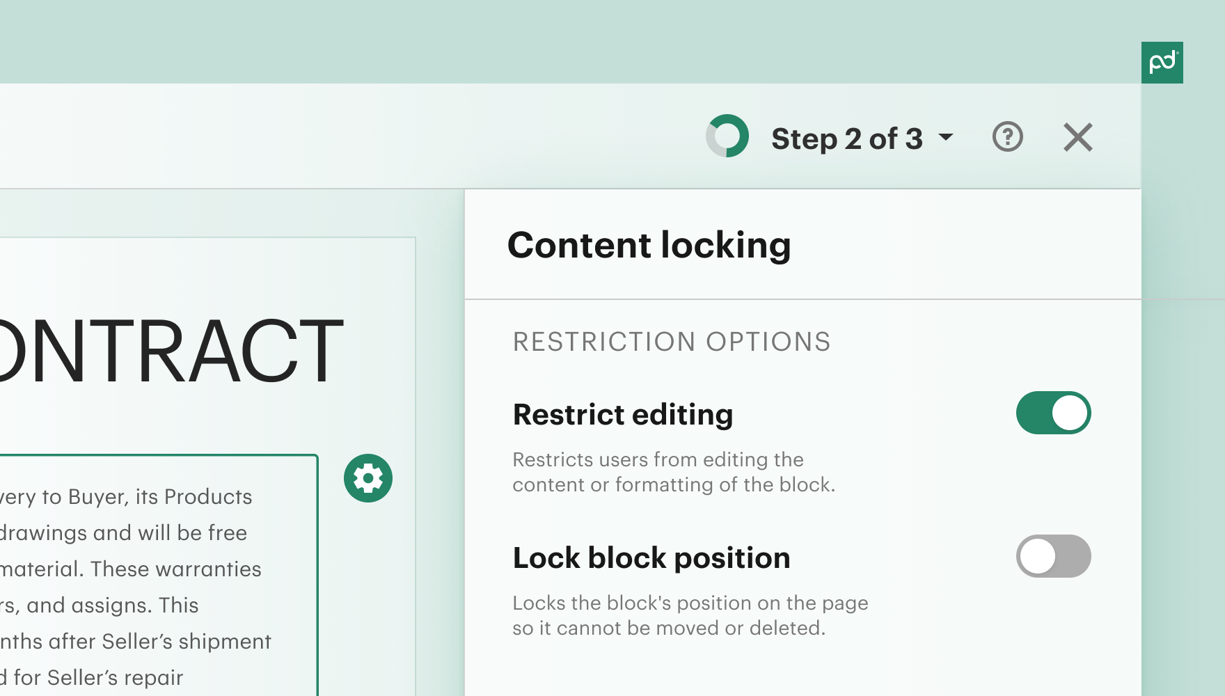PandaDoc Content locking panel at Step 2 of 3. Restrict editing toggle is on. Lock block position toggle is off.
