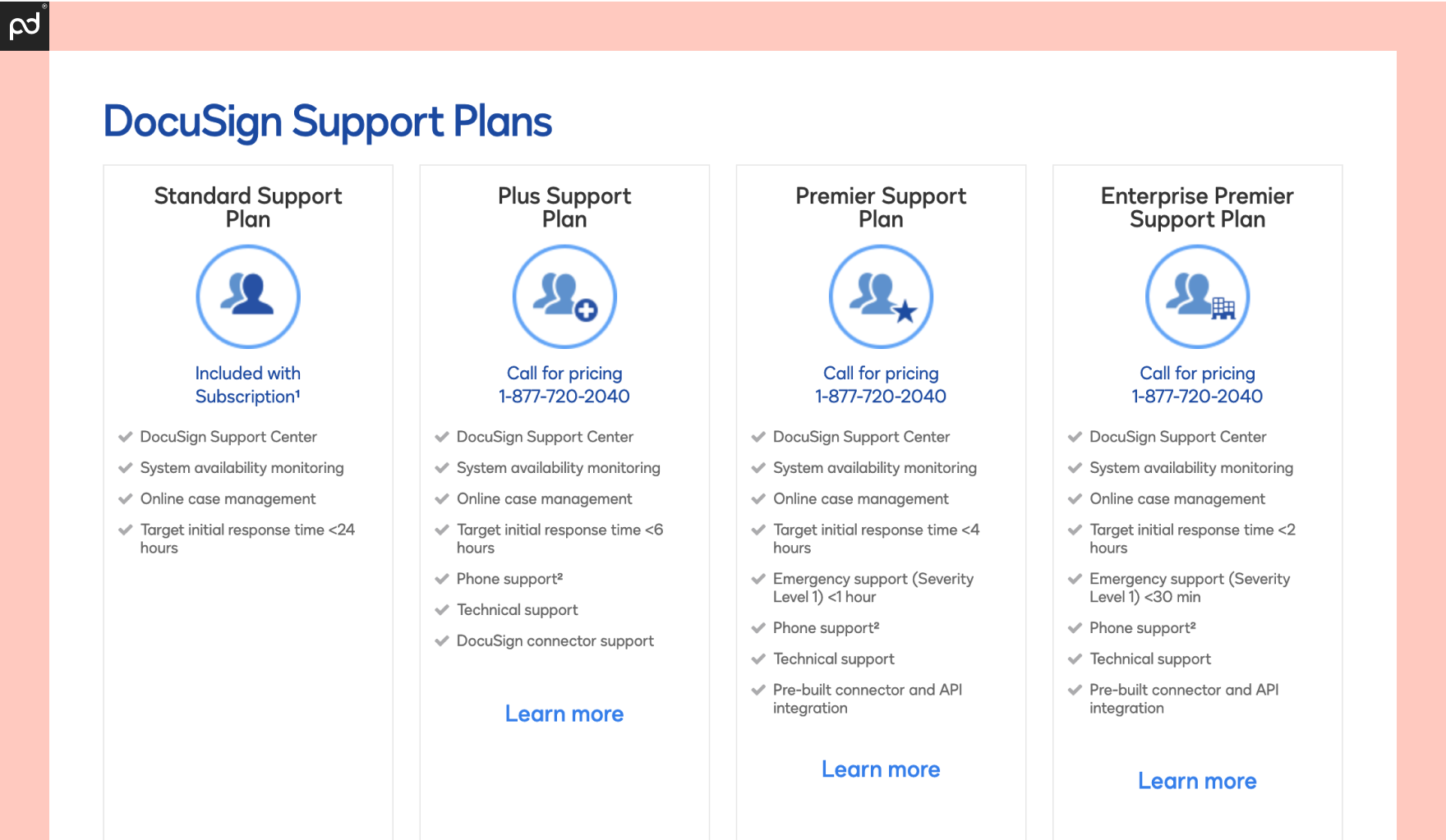 A graphic showing the four tiers of DocuSign support, including Plus, Premier, and Enterprise support paid options.