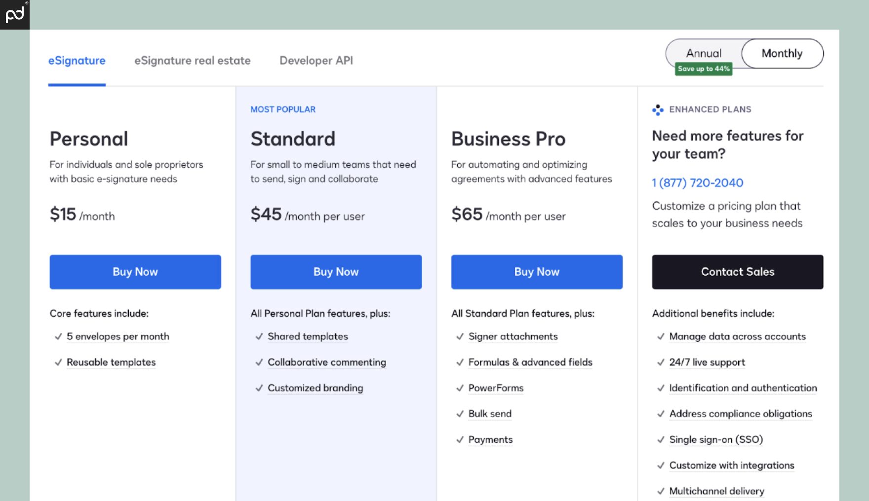 An image depicting all DocuSign pricing plans, their costs, and key plan features at each tier.